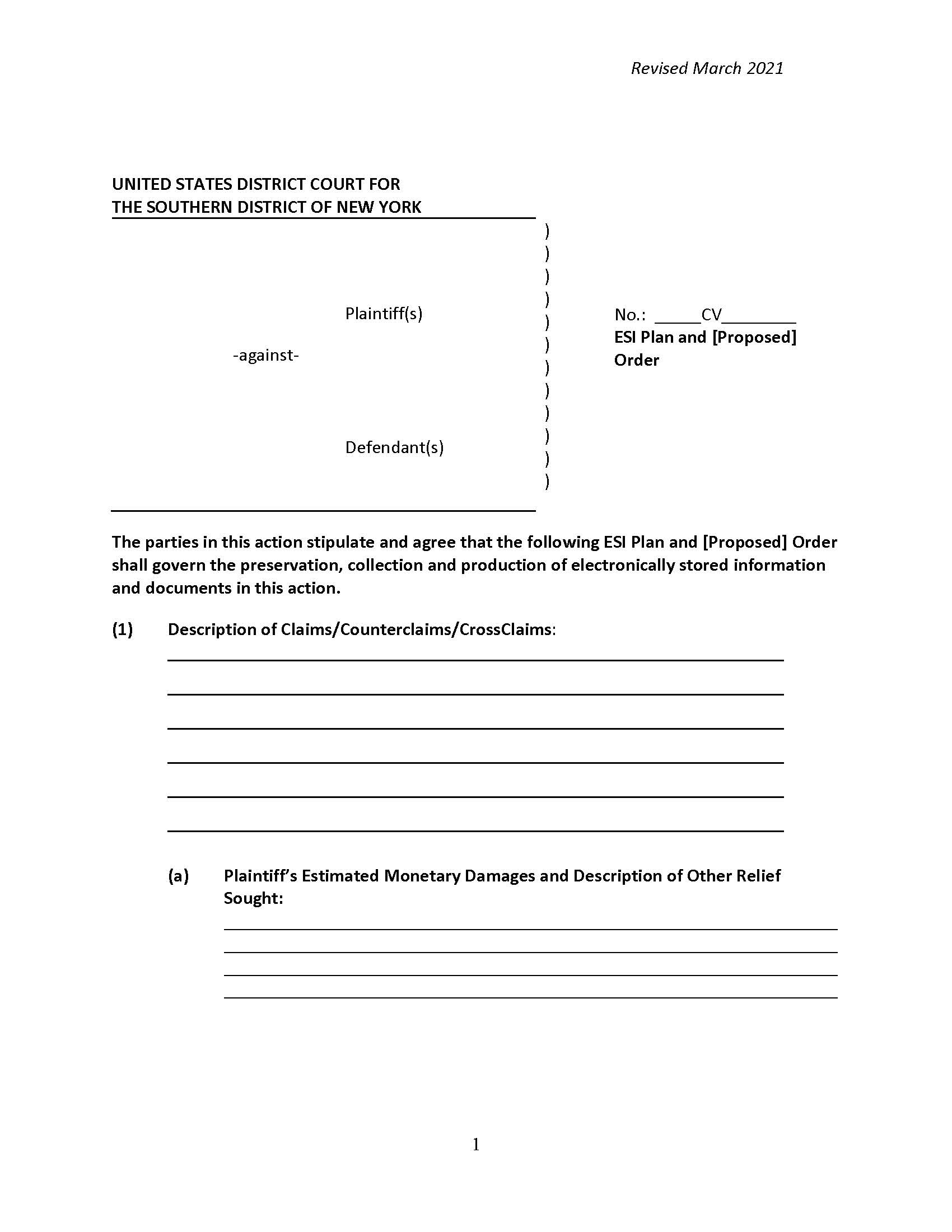 ESI Plan And [Proposed] Order (Mag. Judge Parker) | Pdf Fpdf Docx | New York